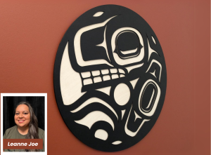 Indigenous circle artwork and a photo of Leanne
