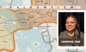 Leanne's photo in front of the Halkomelem map