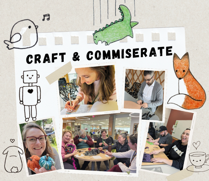 A scrapbook collage of photos of people working on crafts and cartoon drawings